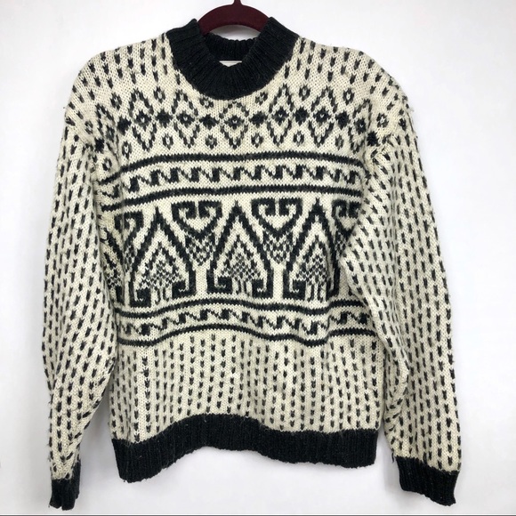 Vintage Sweater Red Sky Chunky Wool Blend Cream Black Pattern Heavy Knit Large - Picture 11 of 11